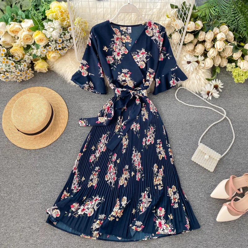 Boho 2021 V образным вырезом Цветочный принт летнее Бандажное платье миди длинные