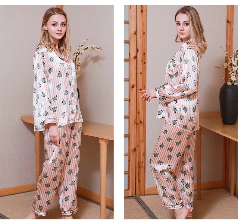 NEW Top Quality 100% Real Silk Sleepwear Women Pajamas Set Long Sleeve Pajamas Suit Female mulberry Silk turn-downcollar Pyjama