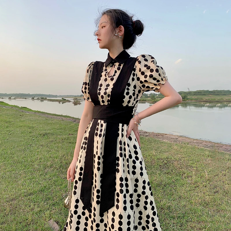 

XITAO Dot Patchwork Bow Dress Women Tide Fashion New Style Polo Collar Short Puff Sleeve Elegant Slim Personality RufflesWMD0371