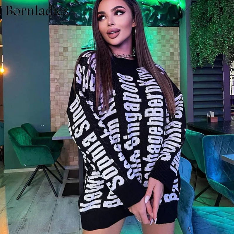

Bornladies 2021 Autumn Winterlong-sleeved Letter Round Neck Loose Sweater Knitted Dress Letter High Street Womens Sweaters