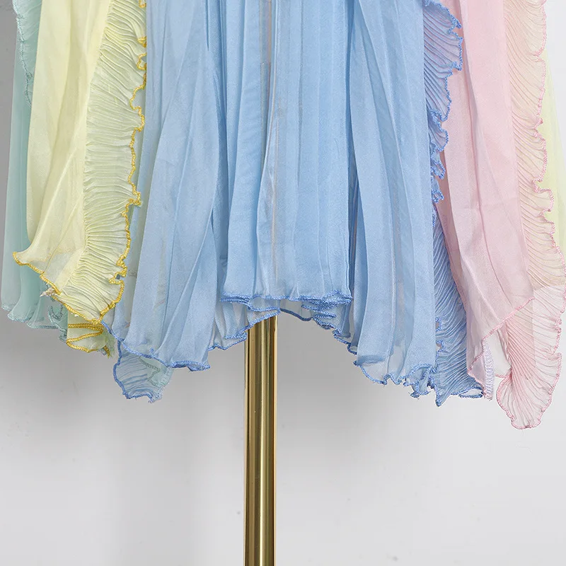 

Contrast Color Rainbow Mesh Dress Women Sexy Off The Shoulder Party Dress Women Pleated Midi Vacation Beach Holiday Dress Robe