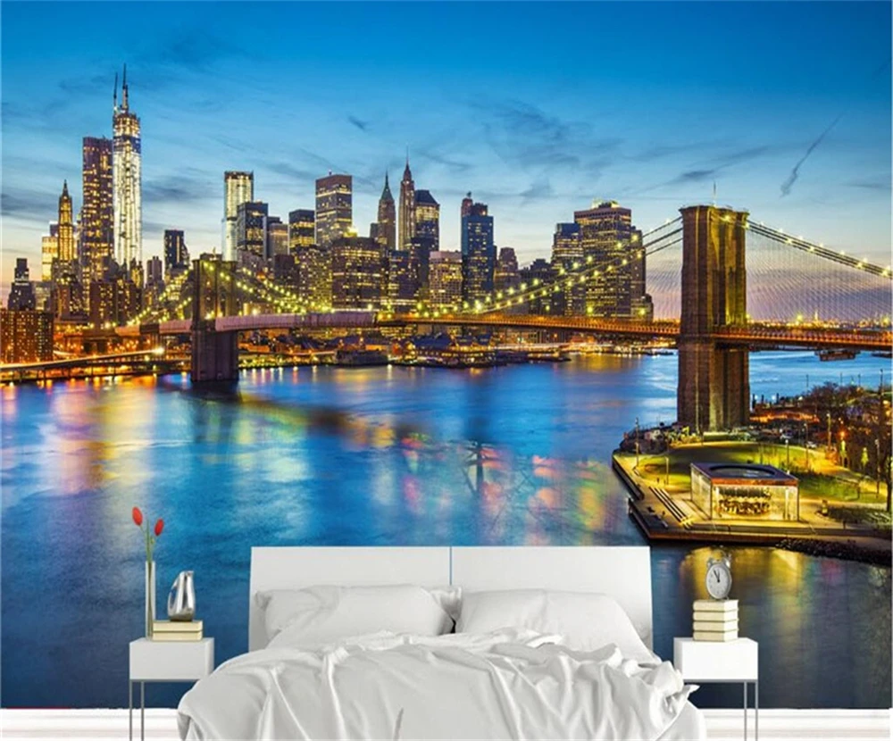 

beibehang Large Custom Wallpaper Blue City Architecture Night Landscape Bridge TV Wall Wall Decorative Painting