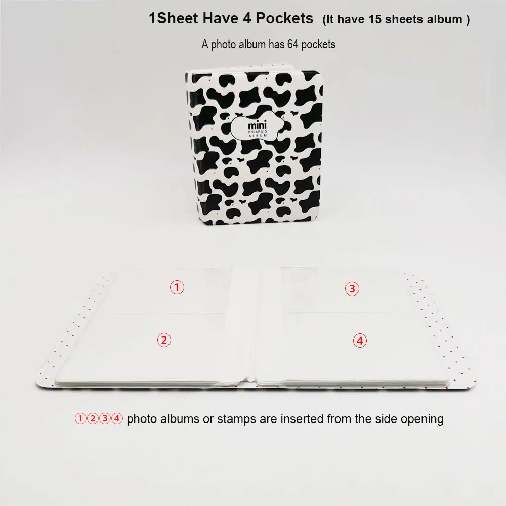 

64 Pockets Photo Album Instax Mini Cow Pattern Photo Albums Postage Stamp Collection Book Home Decoration Memory DIY Book Gifts