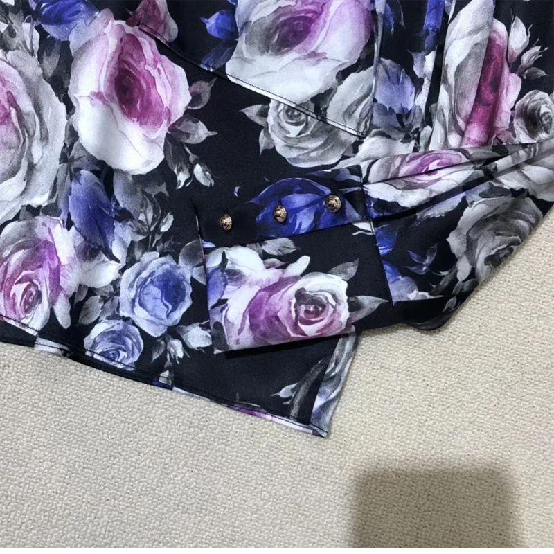 

100% silk women blouse purple rose printed women quality tops with bow elegant women shirts