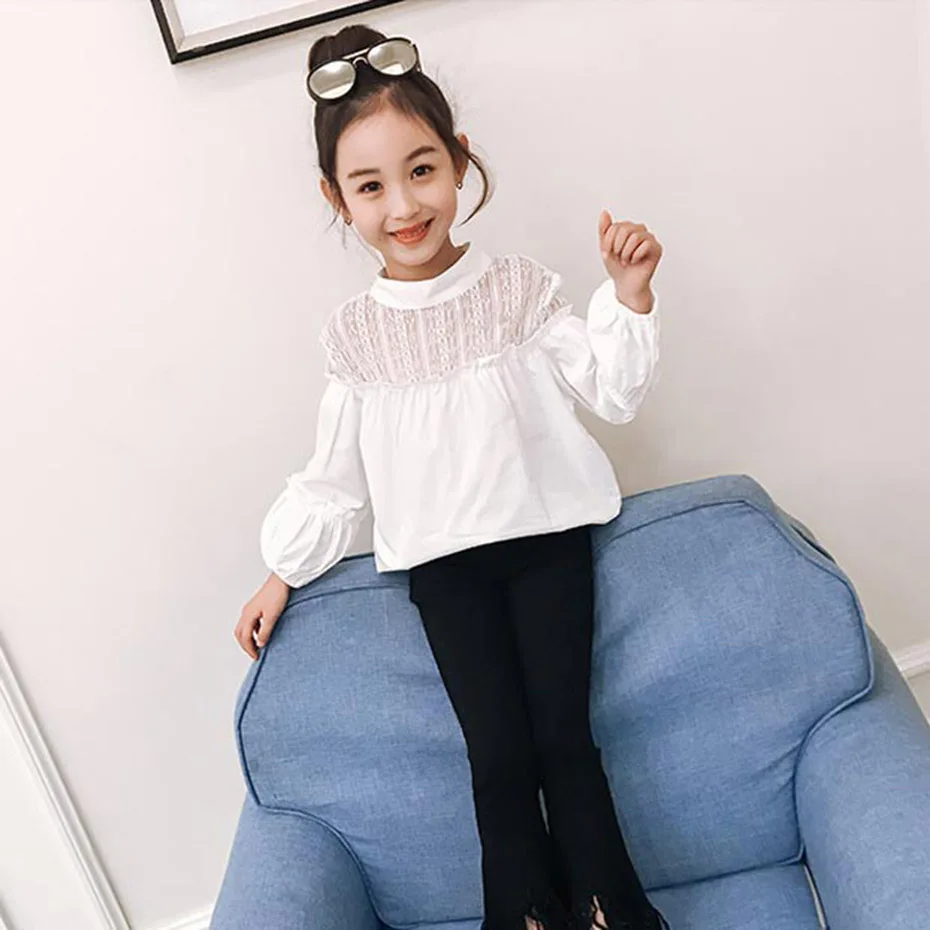 Белая блузка для девочек кружевные школьные рубашки с цветочным принтом