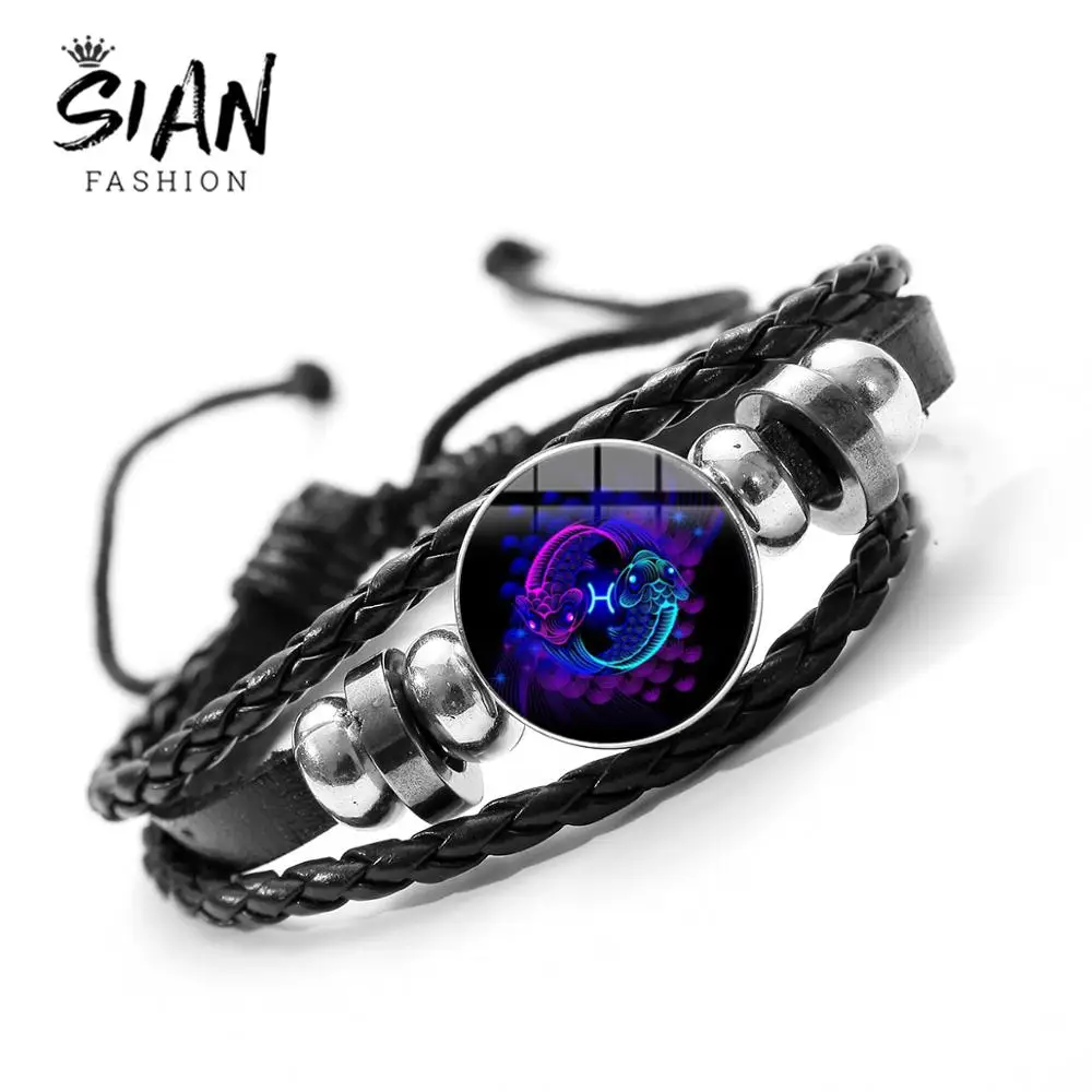 Браслет со знаками Зодиака 12 созвездий Лео Стрелец Козерог черные плетеные