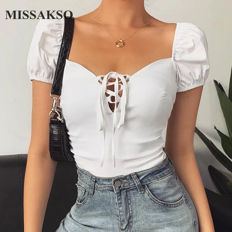 Missakso Сексуальная Однотонная рубашка с квадратным вырезом открытая спина на