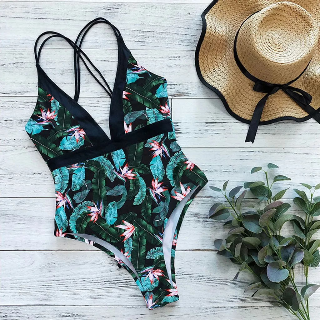 

Women's Plunging Neckline High Waist Tropical Print Open Back One Piece Swimsuit Female Biquini Plus Size