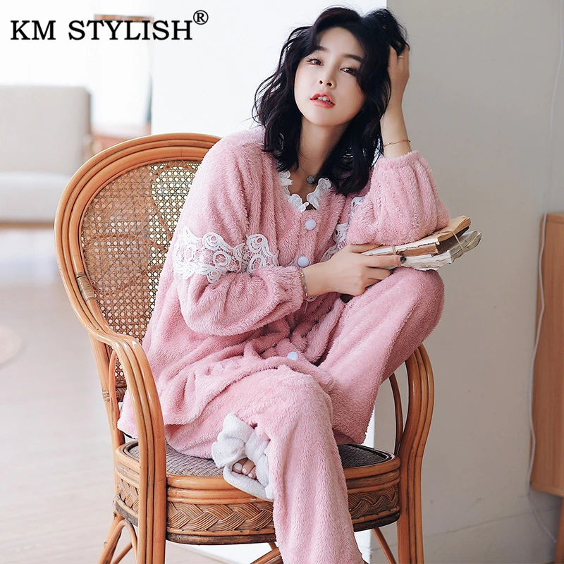 

Autumn Winter Warm Flannel Women Pajamas Sets Thick Coral Velvet Long Sleeve Sleepwear Cardigan Lace Thin Flannel Pajamas Set