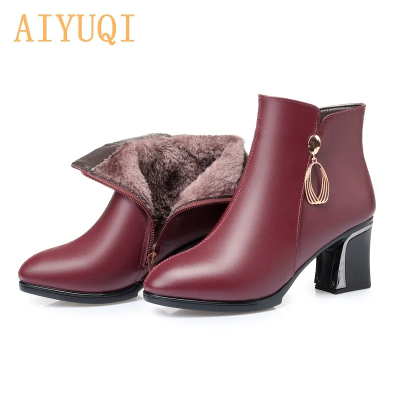 fluff-red AIYUQI/женская зимняя обувь женские зимние ботинки женские модельные ботинки из натуральной кожи на высоком каблуке с острым носком Большие размеры 41, 42, 43 - Цвет: fluff-red