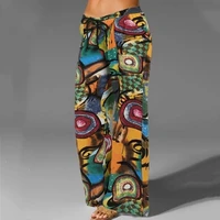 60hotwide leg printing women pants bottoms high waist drawstring casual long trousers streetwear