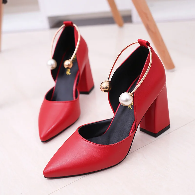 

Akexiya Women Pumps Elegant Pearl High Heels New White Thick with Single Shoes Middle Hollow Fashion Simple Woman Work Shoes