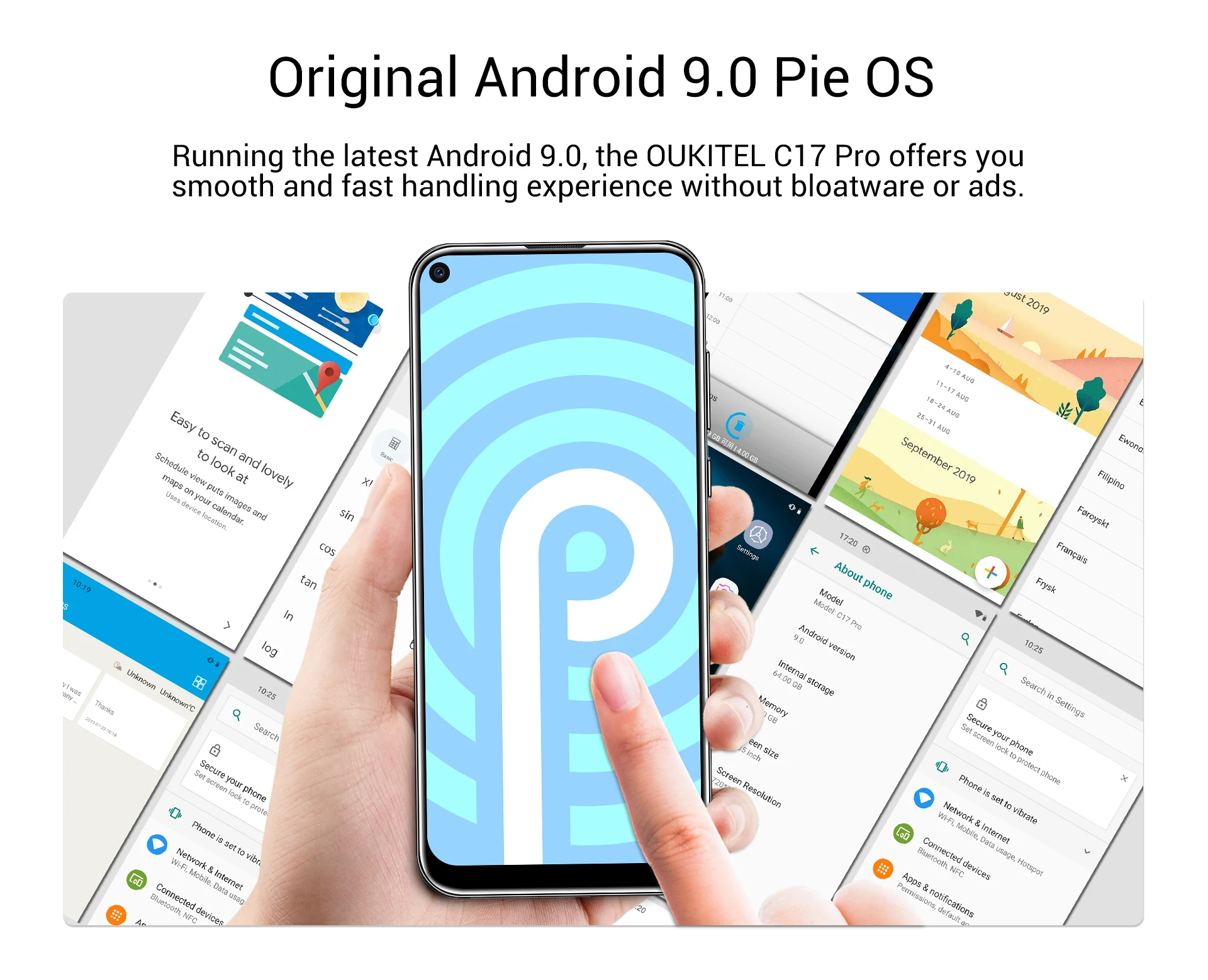 OUKITEL C17 Pro, двойной, 4G, Android 9,0, смартфон, отпечаток пальца, распознавание лица, мобильный телефон, 6,35 '', 4 ГБ, 64 ГБ, 19:9, мобильный телефон, четыре ядра, 3900 мАч