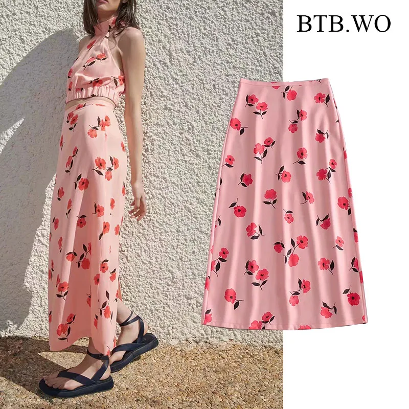 

BTB.WO Za Women Vintage Floral Print A Line Skirt Faldas Mujer Female Vintage High Waist Back Zipper Summer Midi Skirts Mujer