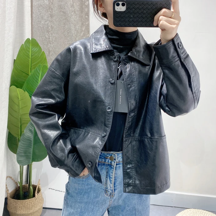 

Autumn simple Korean version of retro Hong Kong-style leather jacket women loose loose wild thin casual lapel jacket