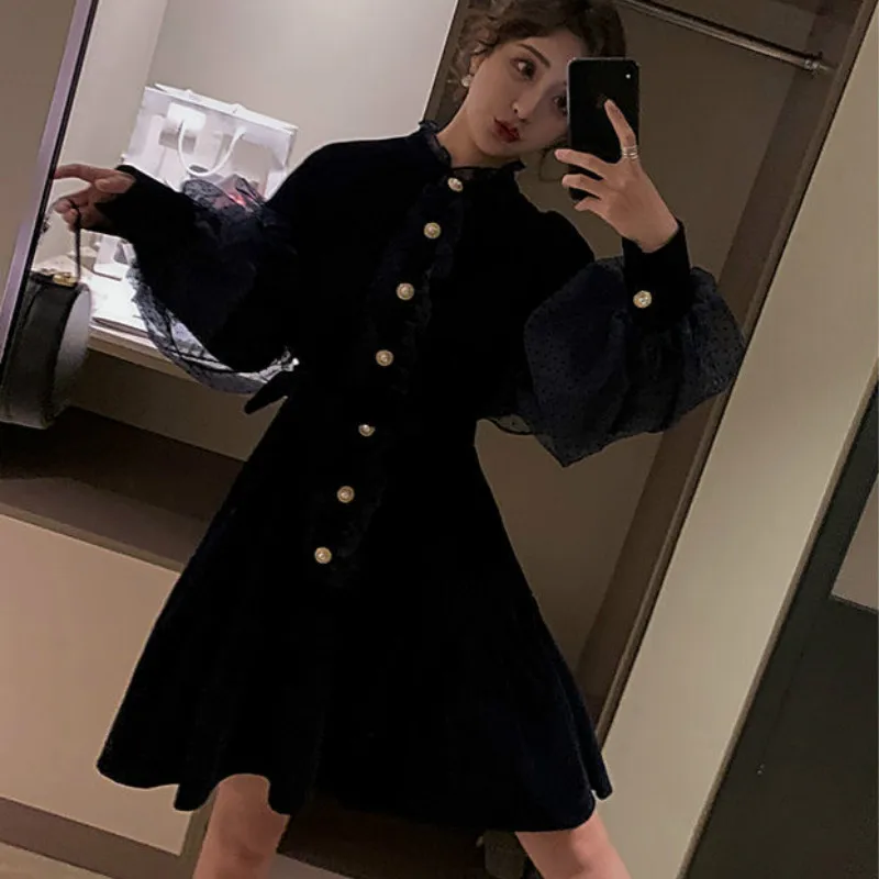 Винтажное бархатное платье блейзер женское корейское мини с пышными рукавами