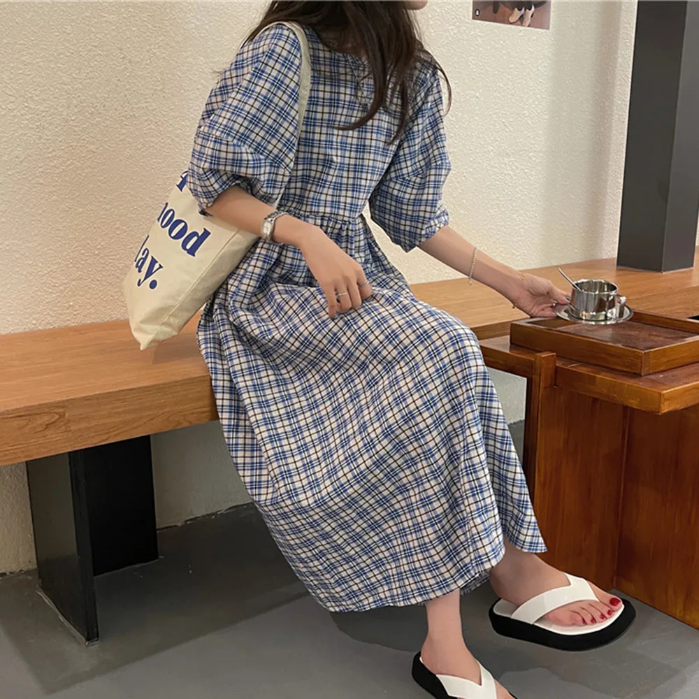 

Nice Summer Pop Retro Lattice Korean Fashion Loose Casual Women's Dress Simple Round Neck Puff Sleeve Oversize Pop Nice