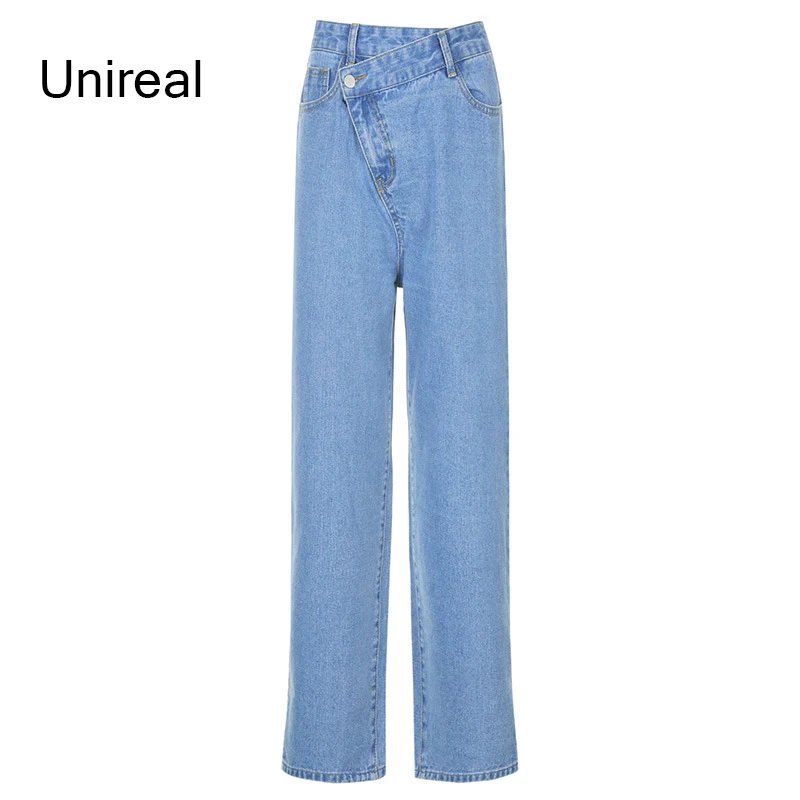 

Unireal 2021 Streetwear Fashion Women High Waist Jeans Blue Stretch Split Casual Denim Pants Trousers