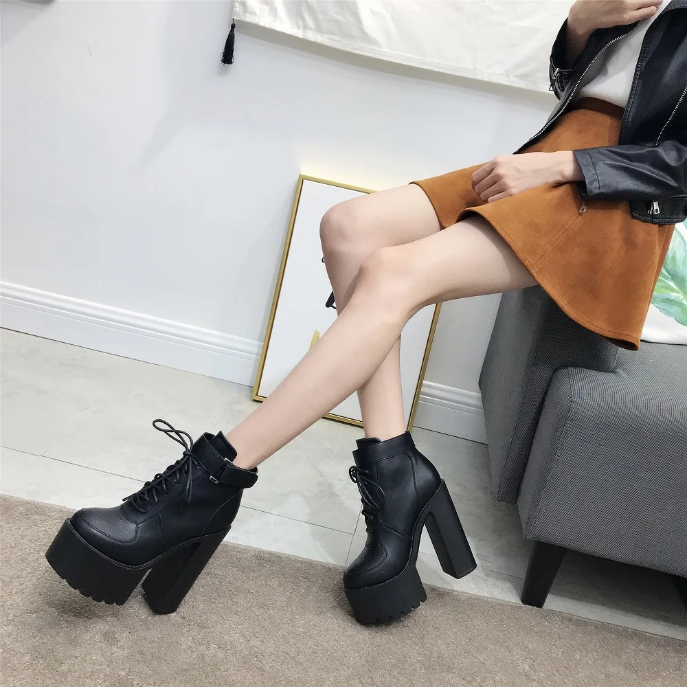 Короткие ботинки на очень высоком каблуке 15 см женская обувь шнуровке модельные