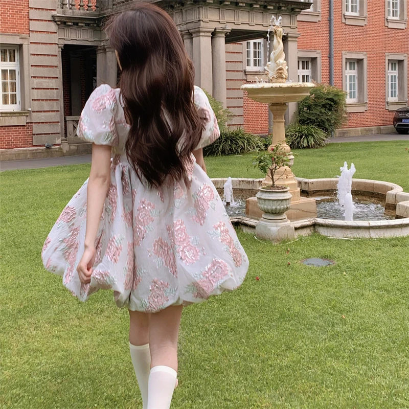 

Summer Casual Women Rose Floral Dress Women French Puff Sleeve Square Collar Puff Short Skirt Female Solid Dress Ladies M281