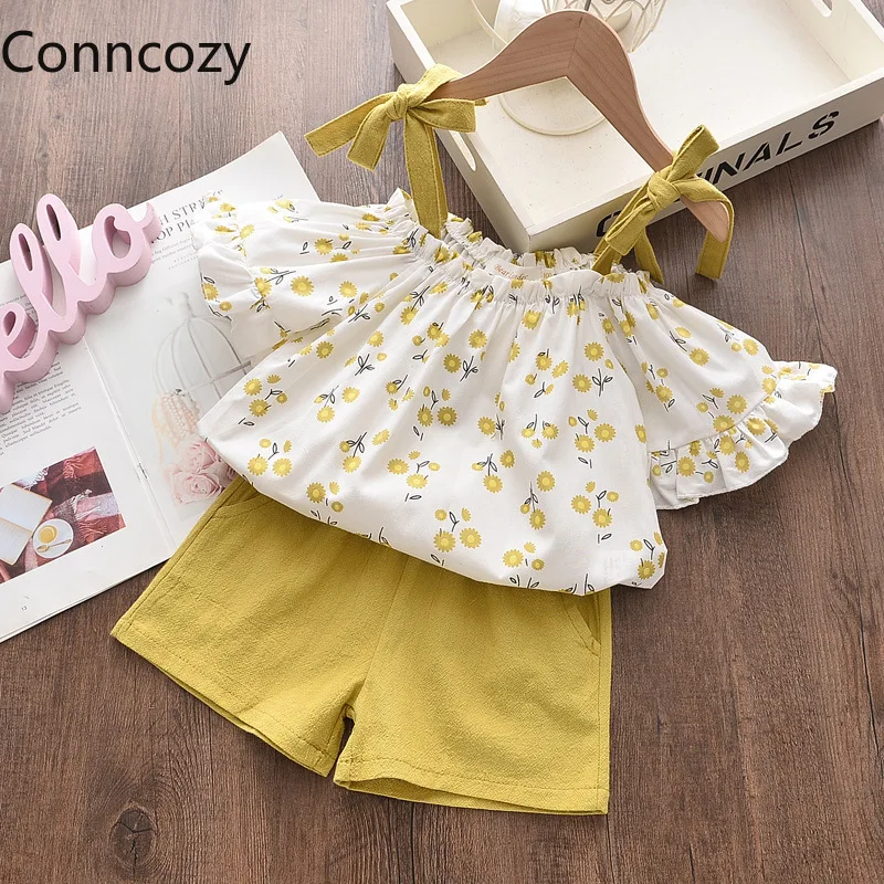 

2021 Summer New Girls' Clothing Toddler Girl Floral Two-piece Suit Girls Sweet Sling Drop Shoulder Suit Pants Girls Outfits