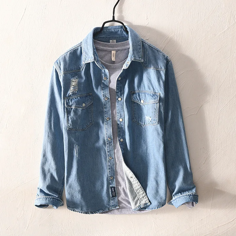 Брендовые новые джинсовые мужские рубашки с дырками 2020 длинным рукавом