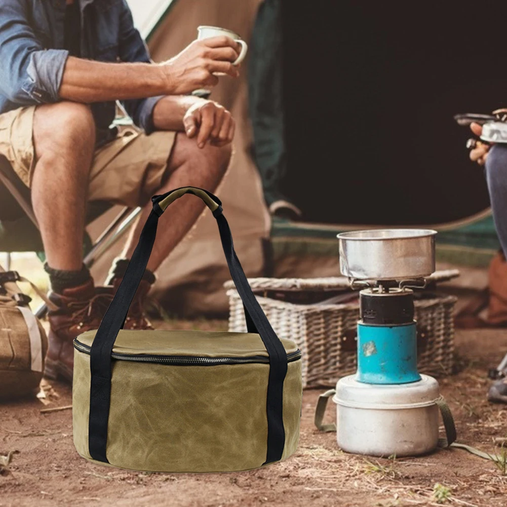 

Outdoor Pot Storage Bag Portable Waterproof Canvas Wearable Zipper Handle with Holes Camping Picnic Pot Bag Cooking Tool Pack