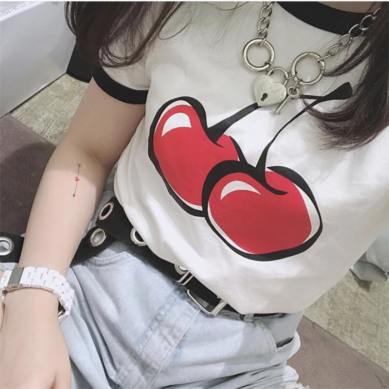 

New Summer Y2k Retro Women T-shirt Harajuku Kawaii Print Cherry T Shirts Female Short-sleeved Slim Cotton Tops Fashion Korea Tee
