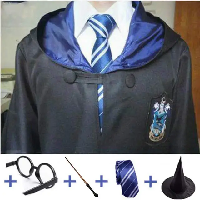Ravenclaw full Set Robe Cape Cloak With Tie Scarf Wand Potter Glasses Ravenclaw Gryffindor Hufflepuff Slytherin Costume Adult Potter Cosplay - Цвет: Ravenclaw full Set