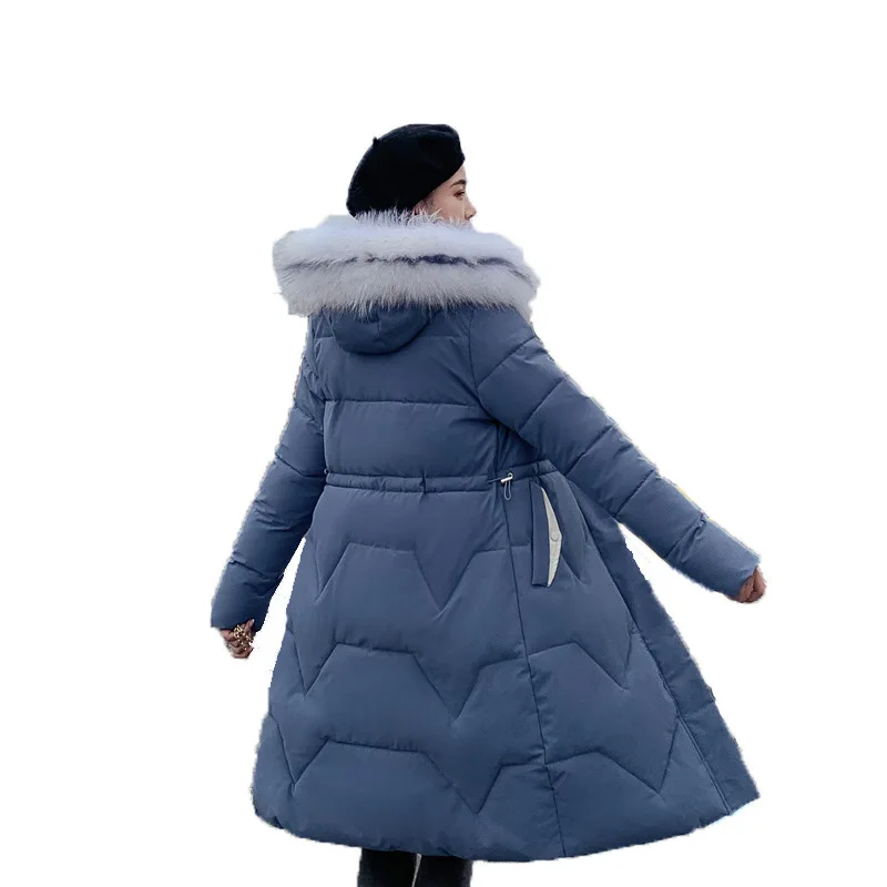 

2019 Women Long Jacket Warm Feminine Coat Hood Plus Size Belt Tightens Waist Over The Knee Fur Collar Winter Down Cotton Parka