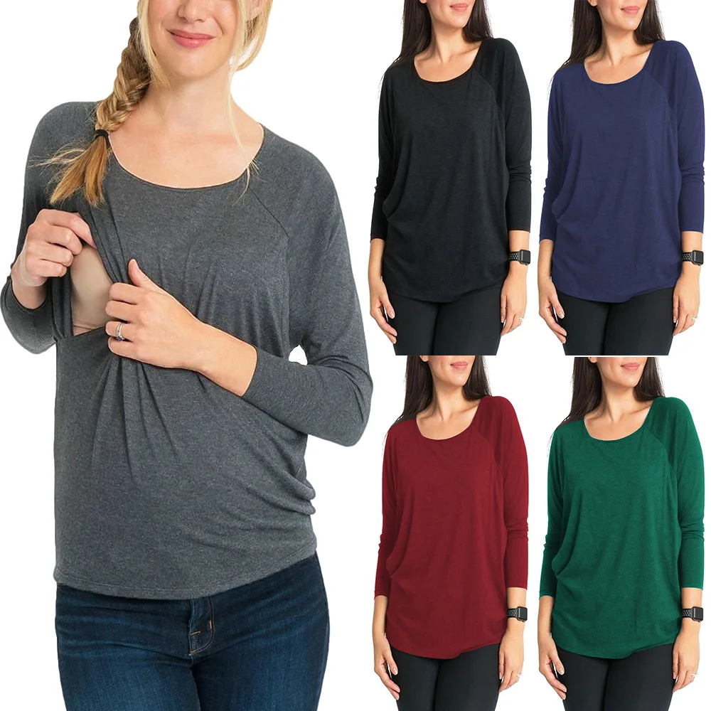 

2020 Casual Maternity Clothes Pregnant Women Autumn Solid Long Sleeve Breastfeeding Clothing Pregnancy T Shirt nursing clothes