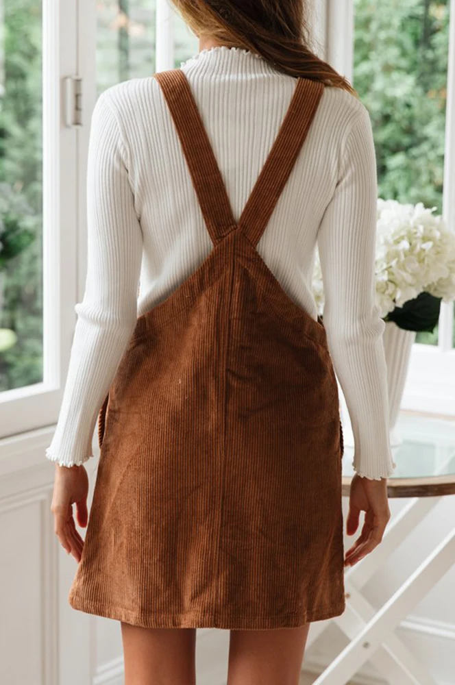 

Imysty Womens A Line Corduroy Overall Dress Zip Up Straps Casual Classic Suspender Skirt Mini Dresses with Pockets