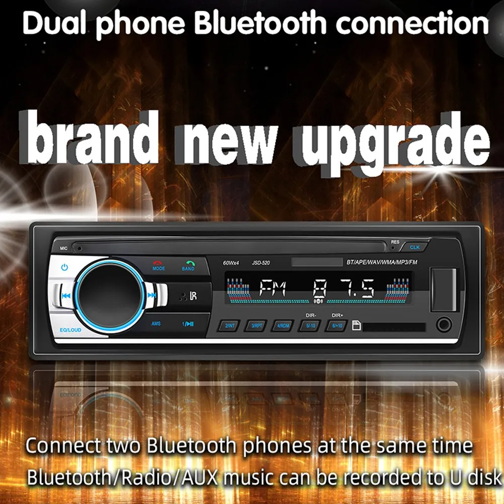 

1pc SD-520 Bluetooth Car Audio MP3 Player Radio FM Aux Input Receiver TFCard Slot Card U Disk With Remote Control Accessories