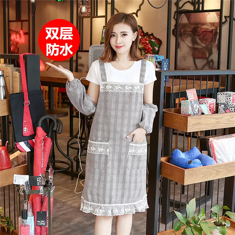 

Apron Korean fashion home double cooking kitchen waterproof oil-proof female overalls thick lace manicure waist
