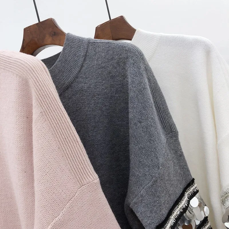 WHITNEY WANG Sweaters Autumn Winter Fashion Streetwear Feathers Patchwork Sweater Women Jumper sueter mujer invierno