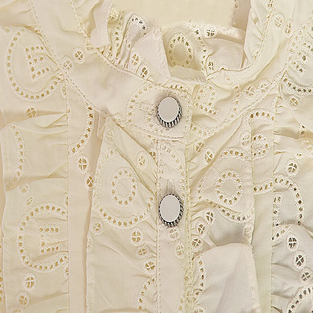 

Puff Sleeve Wooden Ears Single-breasted Hollow Chain Link Flower Shirt