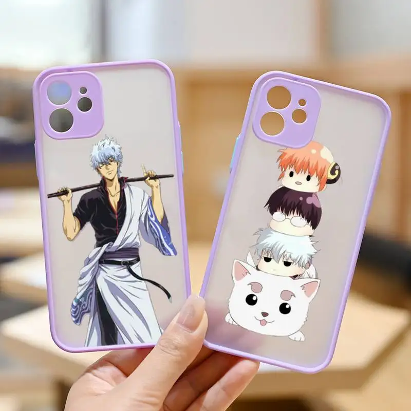 

Cute Japan Anime GINTAMA Fundas Phone Case Purple Transparent Matte For IPhone 7 8 11 12 S Mini Pro X XS XR MAX Plus Cover Shell