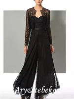 Jumpsuit Mother of the Bride Dress Elegant Sweetheart Neckline Floor Length Chiffon Lace Long Sleeve with Lace Appliques 2021