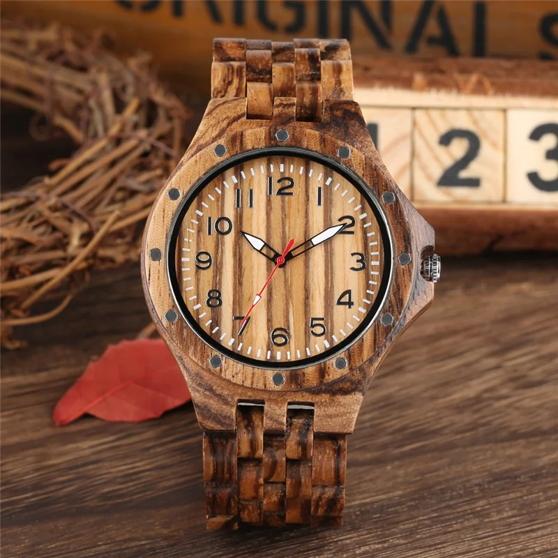 

Handmade Bamboo Luminous Pointers Man Watches Quartz Analog Clock Arabic Numeral Dial Wristwatch Delicate Full Wood Bangle Gift