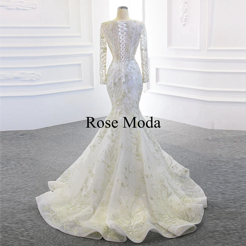 Rose Moda Luxury Long Sleeves Beaded Lace Mermaid Wedding Dress with Removable Skirt Custom Make