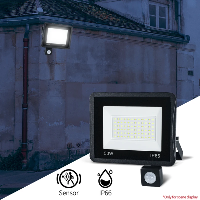 Outdoor PIR Motion Sensor Wall Lamp LED Floodlight Balck 50W 100W  30W 20W 10W  IP66 220V Foco LED Hanging Exterior Garden light