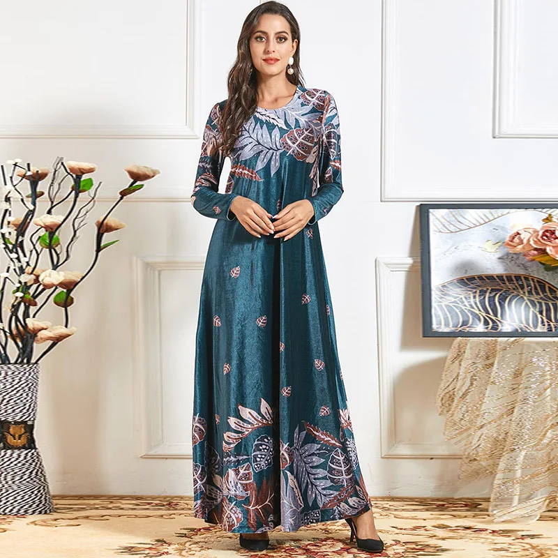 

Elegant high-end fashion women's printed spring and autumn warm dress plus size long skirt Muslim Eid Mubarak women's dress
