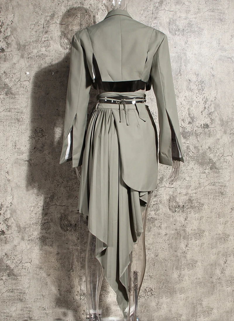 

XUXI Two-piece Suit Coat Autumn 2020 Women Asymmetry Half-length Skirt Streetwear Fashion Drawstring Mini 2 Piece Set FZ2898