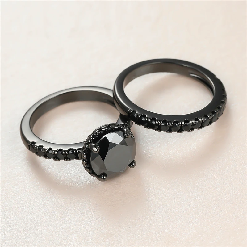 

Hip Hop Male Female Crystal Stone Ring Set Luxury 14KT Black Gold Wedding Rings For Women Charm Round Zircon Engagement Ring