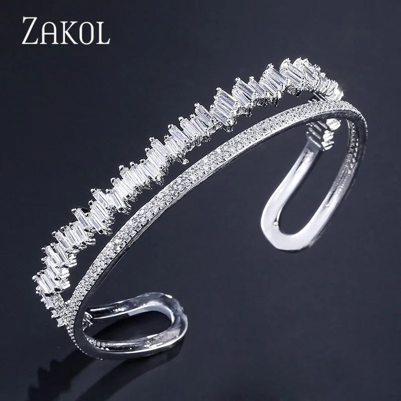 White Gold Bracelet ZAKOL, Новое поступление, набор ювелирных изделий круглой формы, изысканный микро-Браслет-манжета, браслет и кольцо, набор, бижутерия, FSSP376 - Окраска металла: White Gold Bracelet