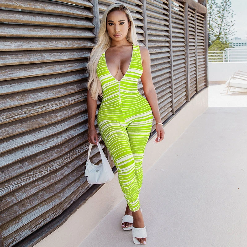 

Пикантные размера плюс полосатый Облегающий комбинезон без рукавов на молнии комплекты для женская летняя обувь для отдыха; Цельнокроеное ...
