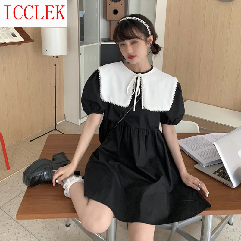 Корейское шикарное французское платье с пышными рукавами темно синее воротником