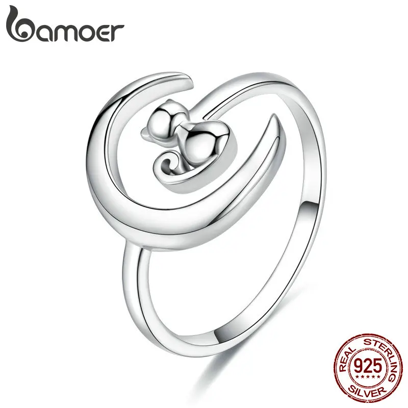 BAMOER, подлинные 925 пробы, серебряная луна, кошка, открытый размер, регулируемые кольца на палец для женщин, свадебные, обручальные ювелирные изделия SCR451