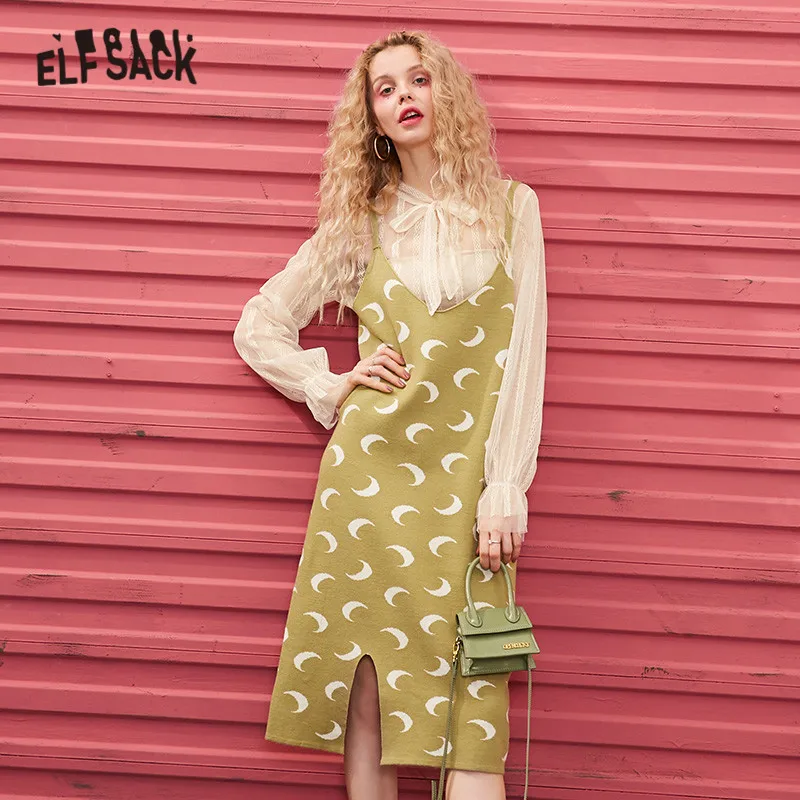 Женское винтажное Повседневное платье ELFSACK зеленое однотонное вязаное с принтом