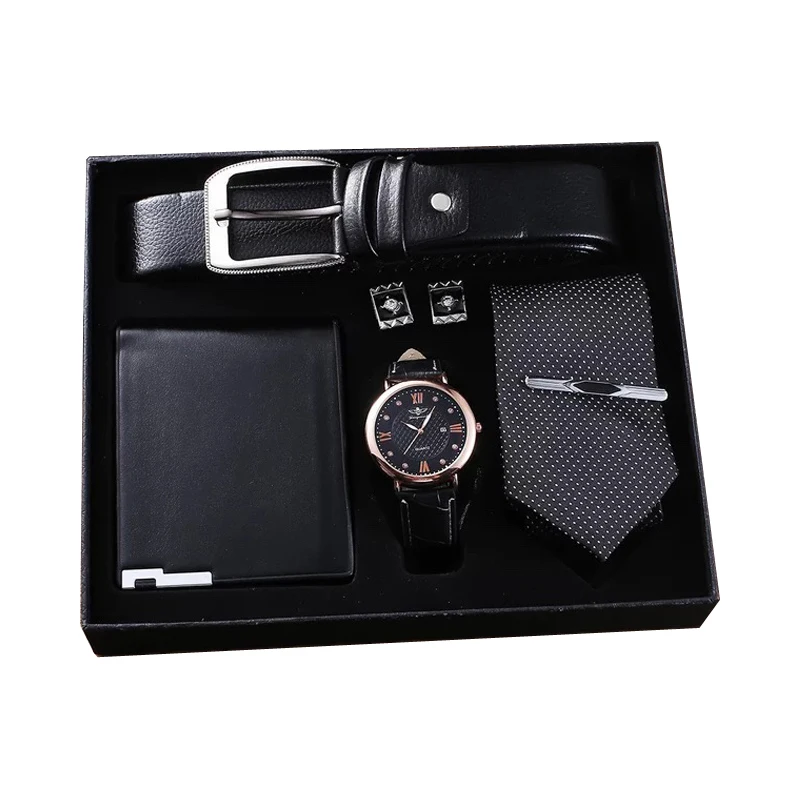 

5 шт./комплект, Мужские кварцевые наручные часы с ремешком и запонками